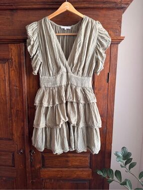Olivaceous Tiered Ruffle Mini Dress Smocked Waist Green